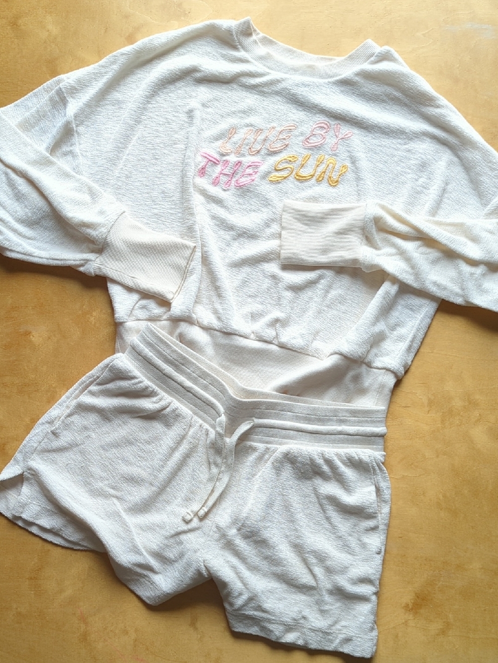 Old Navy White Terry Lounge Set with Pink & Yellow Embroidery